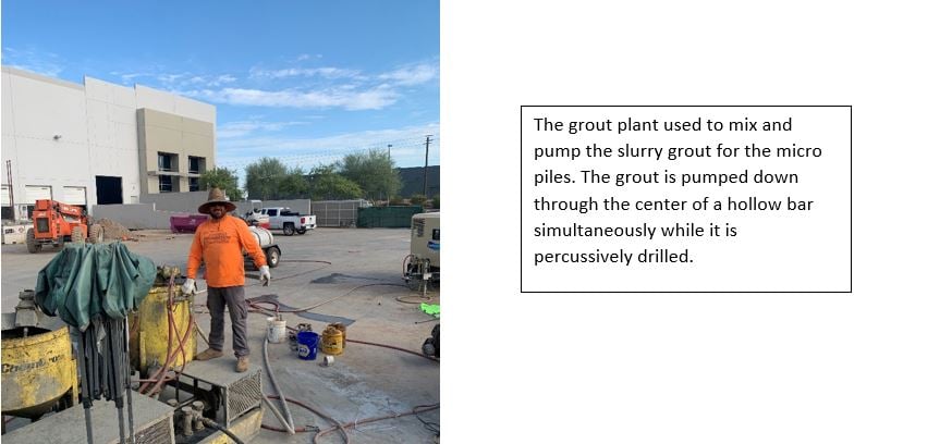 The grout plant used to mix and pump the slurry grout for the micro piles. The grout is pumped down through the center of a hollow bar simultaneously while it is percussively drilled.